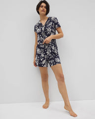 Soma / Piped Short Sleeve Notch Collar Pajama Top PLUMERIA DREAM NAVY
