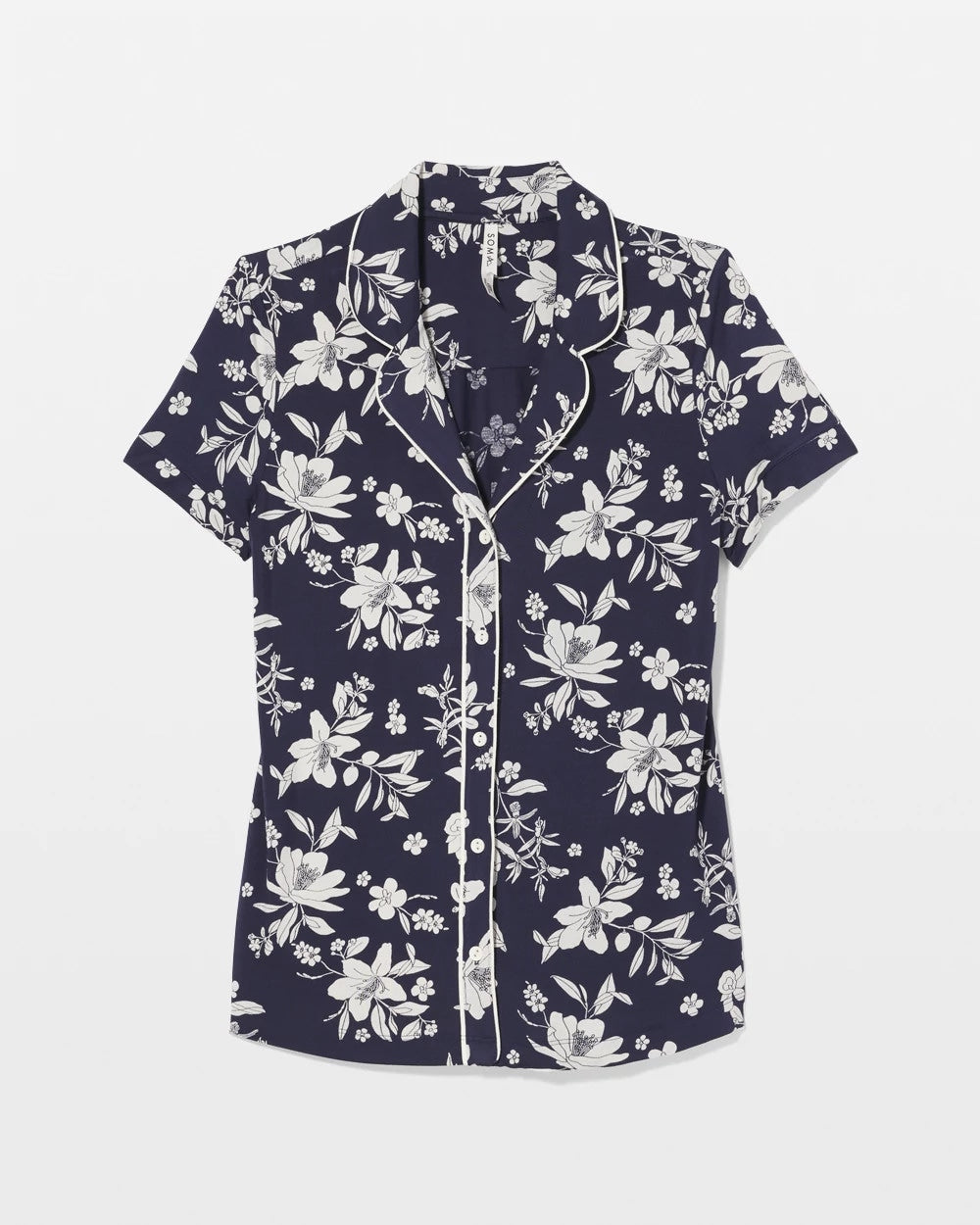 Soma / Piped Short Sleeve Notch Collar Pajama Top PLUMERIA DREAM NAVY