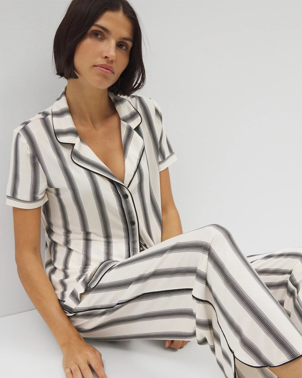 Soma / Piped Short Sleeve Notch Collar Pajama Top HAMPTON STRIPE BLACK