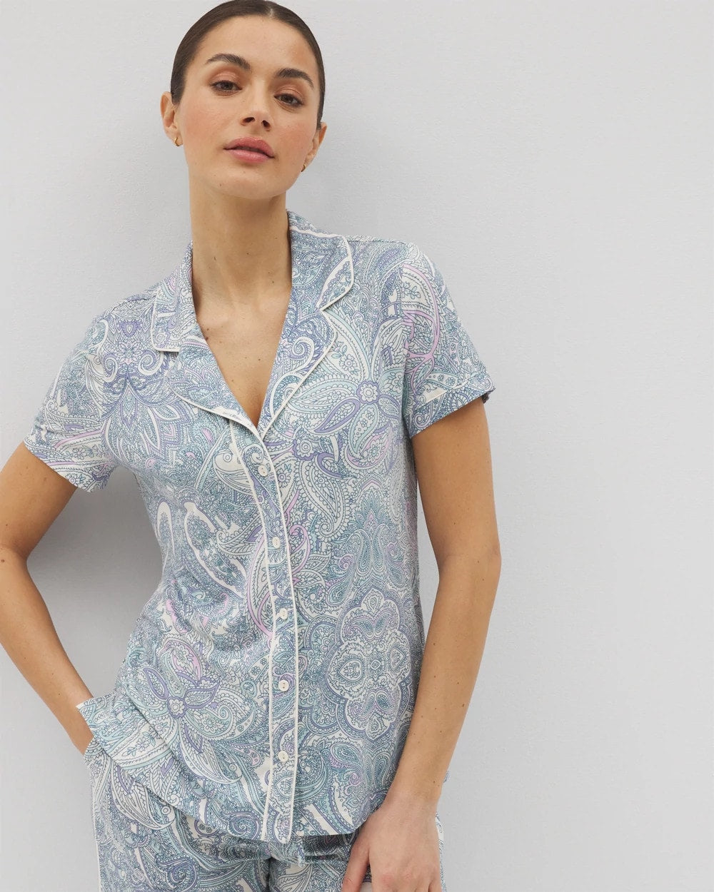 Soma / Piped Short Sleeve Notch Collar Pajama Top GLOBAL PAISLEY GRAND C