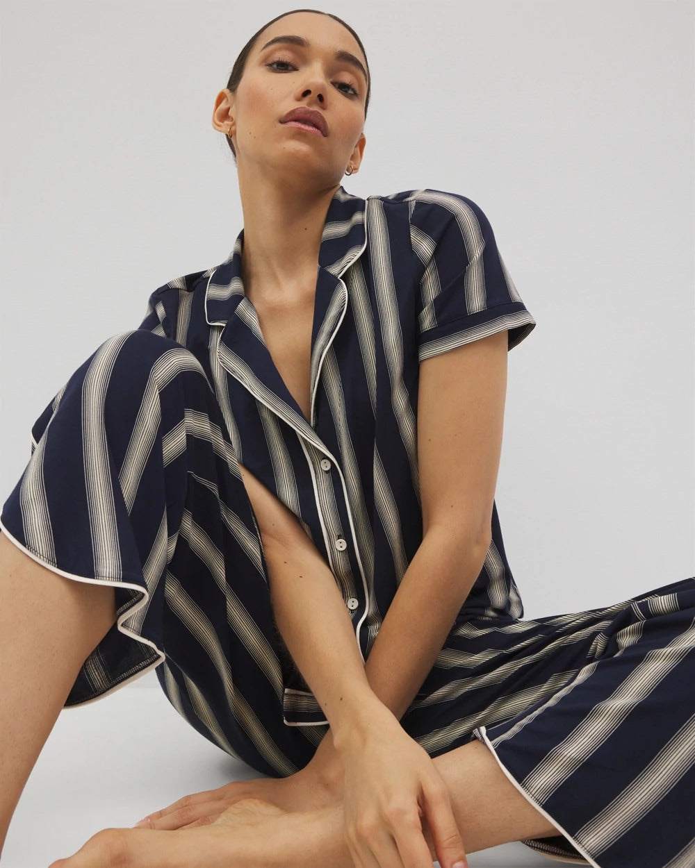 Soma / Piped Short Sleeve Notch Collar Pajama Top HAMPTON STRIPE NA CHAMP