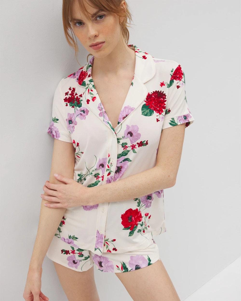 Soma / Piped Short Sleeve Notch Collar Pajama Top RHAPSODY FLORAL SUGAR