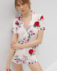 Soma / Piped Short Sleeve Notch Collar Pajama Top RHAPSODY FLORAL SUGAR