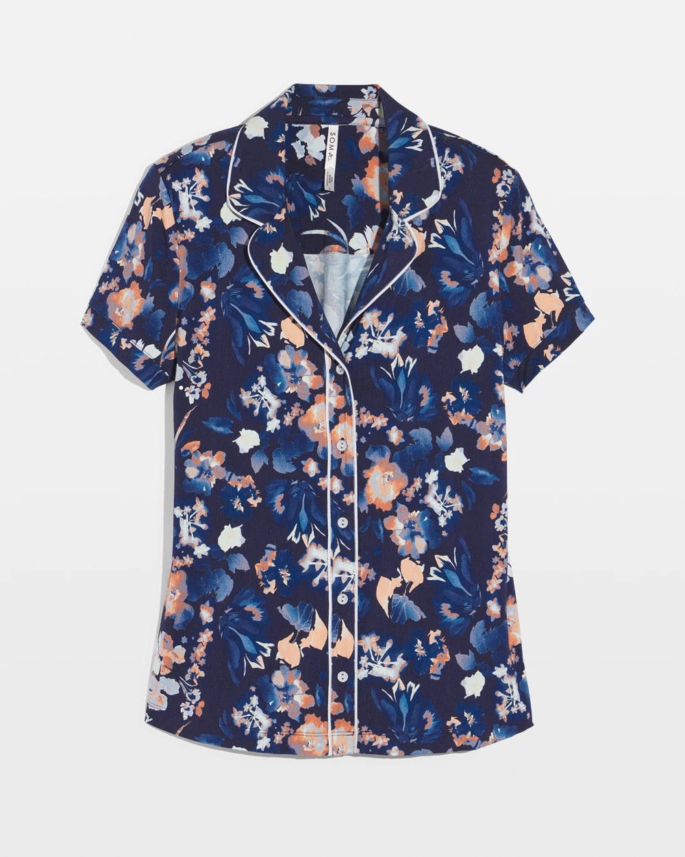 Soma / Piped Short Sleeve Notch Collar Pajama Top PHANTOM FLORAL NAVY