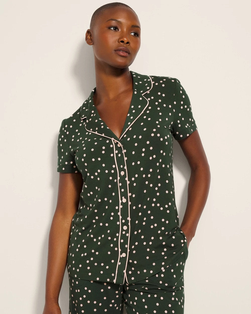 Soma / Piped Short Sleeve Notch Collar Pajama Top MERRY DOT LUSH EMERALD