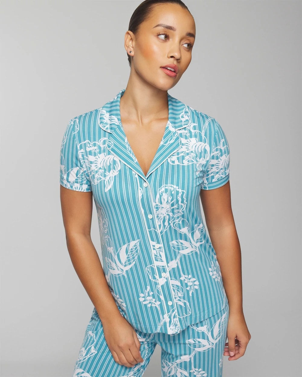 Soma / Piped Short Sleeve Notch Collar Pajama Top PAINTED PETALS SMALL