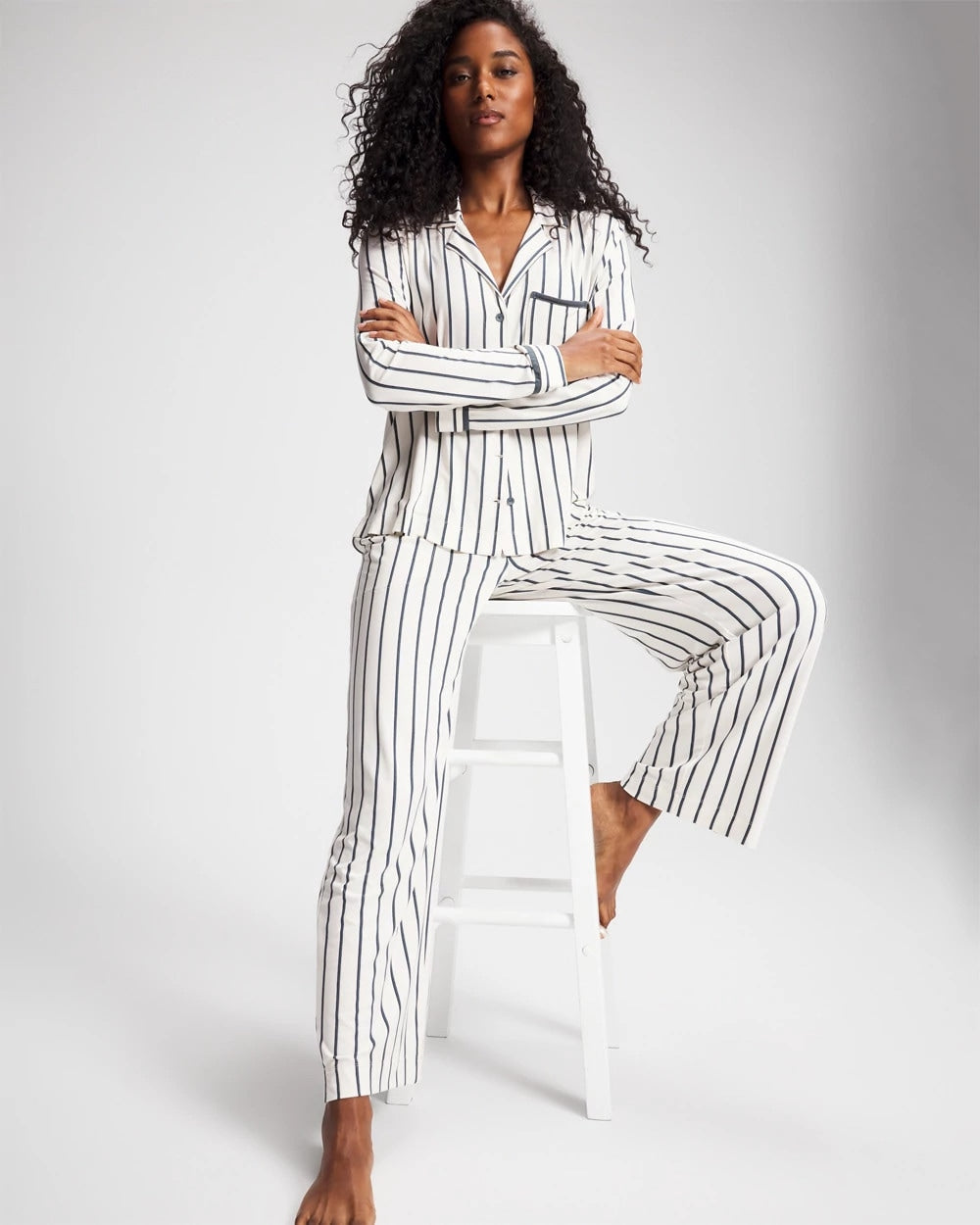 Soma / Long-Sleeve Notch Collar Pajama Top UNWIND STRIPE CHAMPAGNE