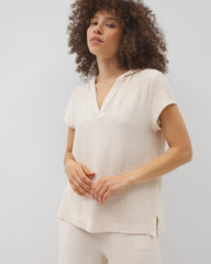 Soma / Crinkle Knit Short Sleeve V-Neck Hoodie PARCHMENT