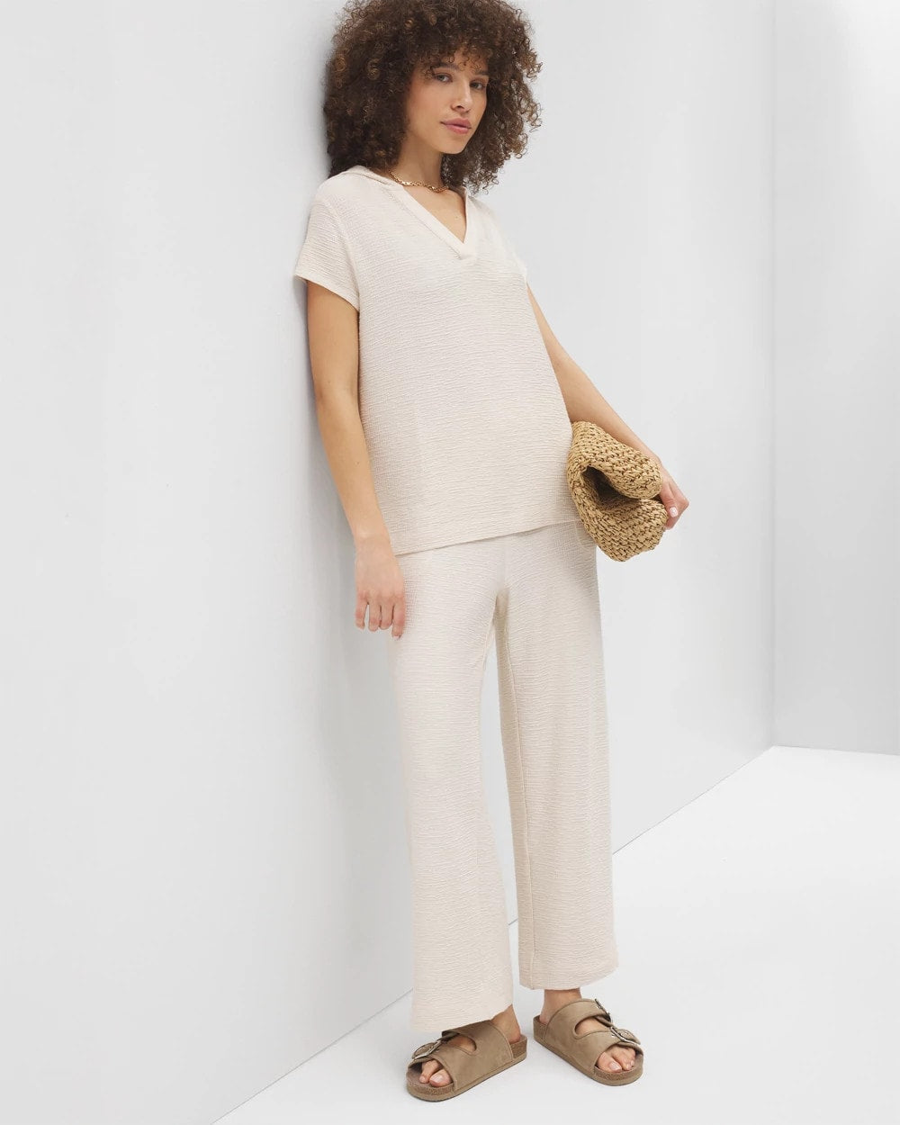 Soma / Crinkle Knit Short Sleeve V-Neck Hoodie PARCHMENT