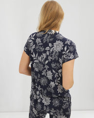 Soma / Mandarin Collar Short Sleeve Pajama Top MEANDERING GARDEN NAVY
