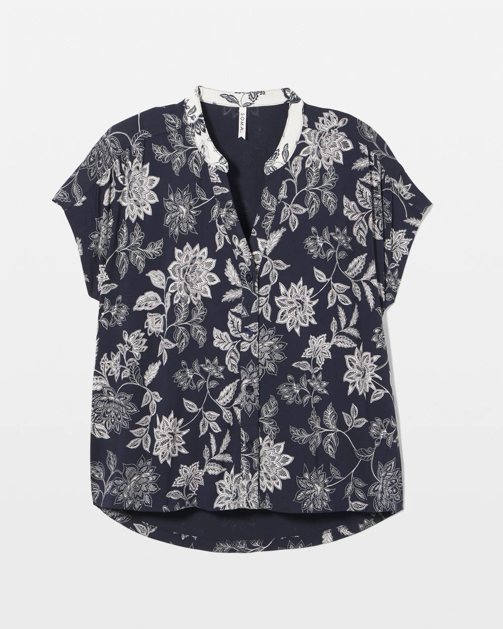 Soma / Mandarin Collar Short Sleeve Pajama Top MEANDERING GARDEN NAVY