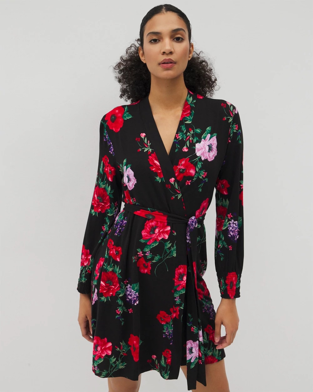 Soma / Long-Sleeve Short Robe RHAPSODY FLORA BLACK