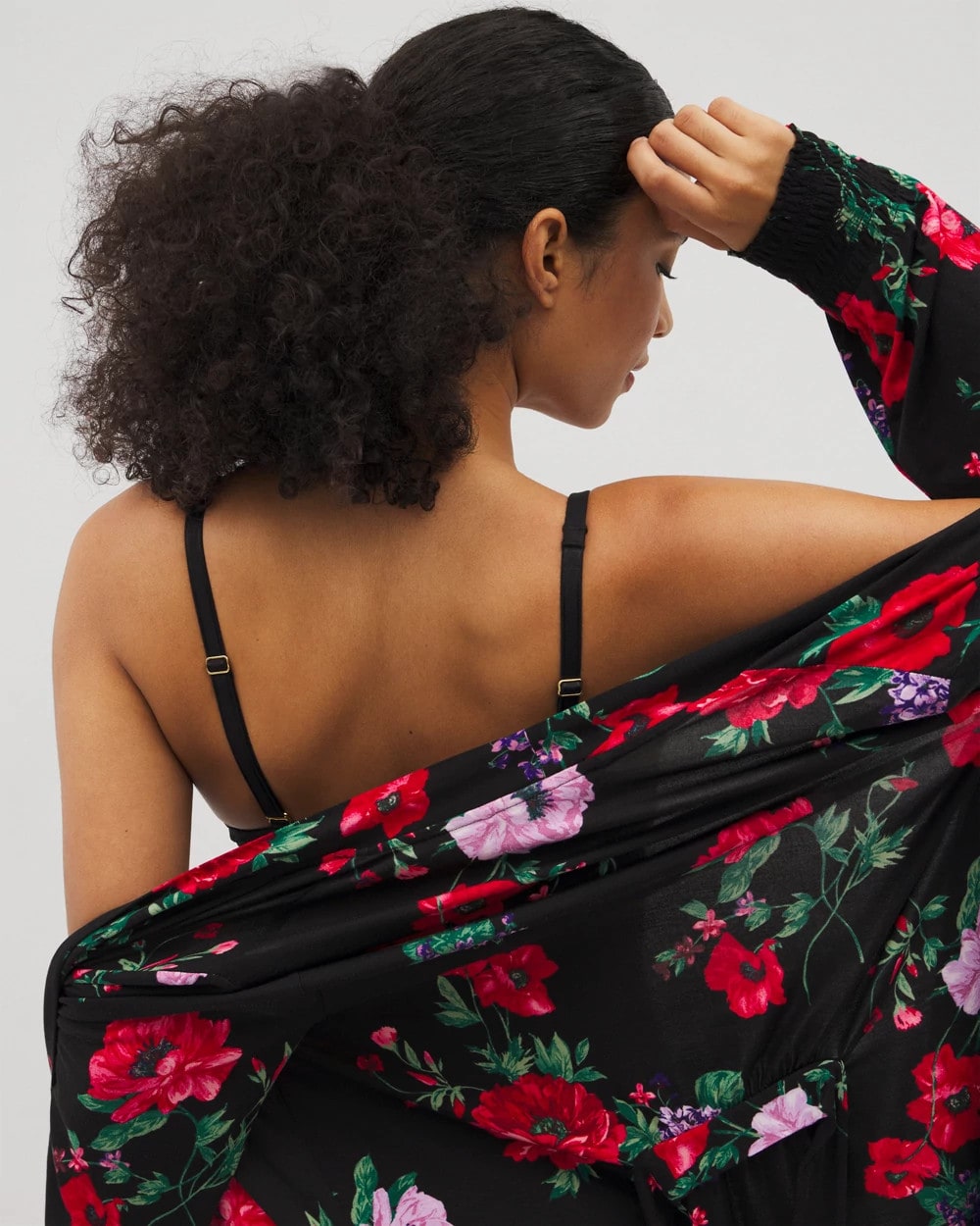 Soma / Long-Sleeve Short Robe RHAPSODY FLORA BLACK