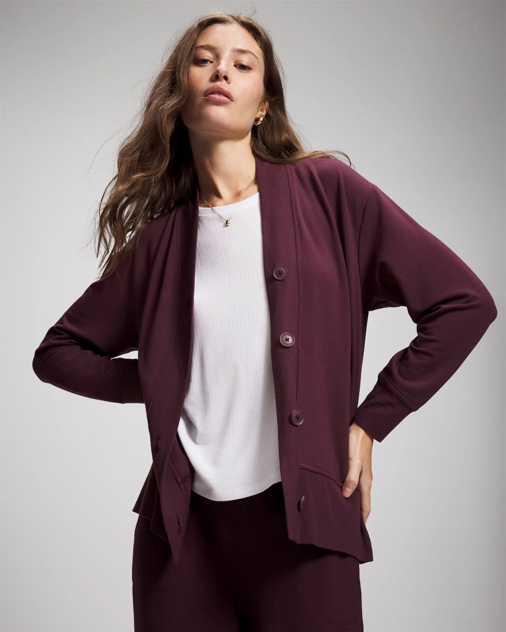 Soma / Ultrasoft Fleece Relaxed Button Up Cardigan MERLOT
