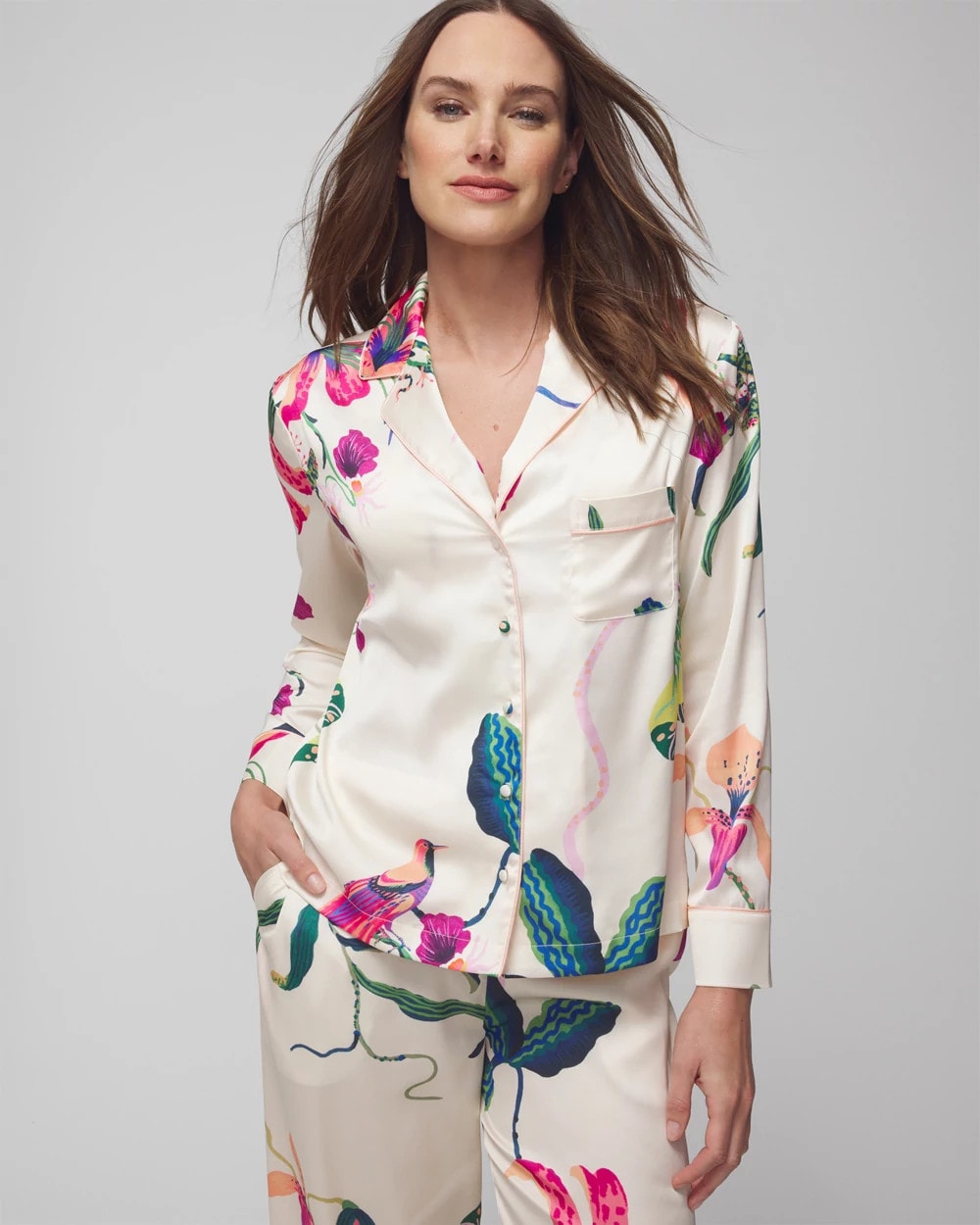 Soma / Long-Sleeve Notch Collar Pajama Top PARADISE SOIREE WHITE SK