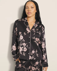 Soma / Long-Sleeve Notch Collar Pajama Top NOSTALGIA FLORA BLACK
