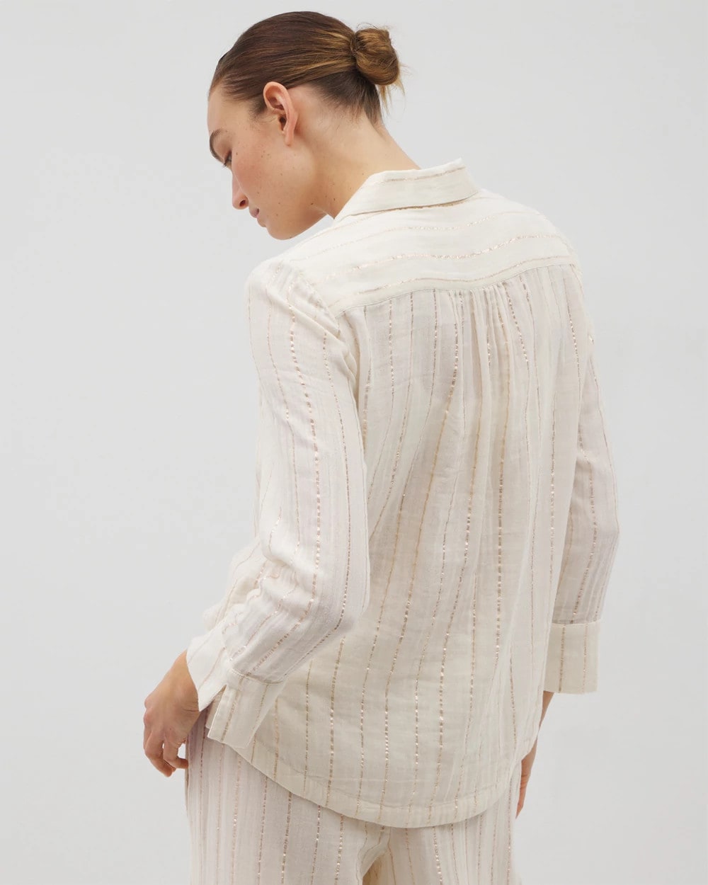 Soma / Cotton Gauze Long Sleeve Notch Collar Pajama Top CHAMPAGNE STRIPE
