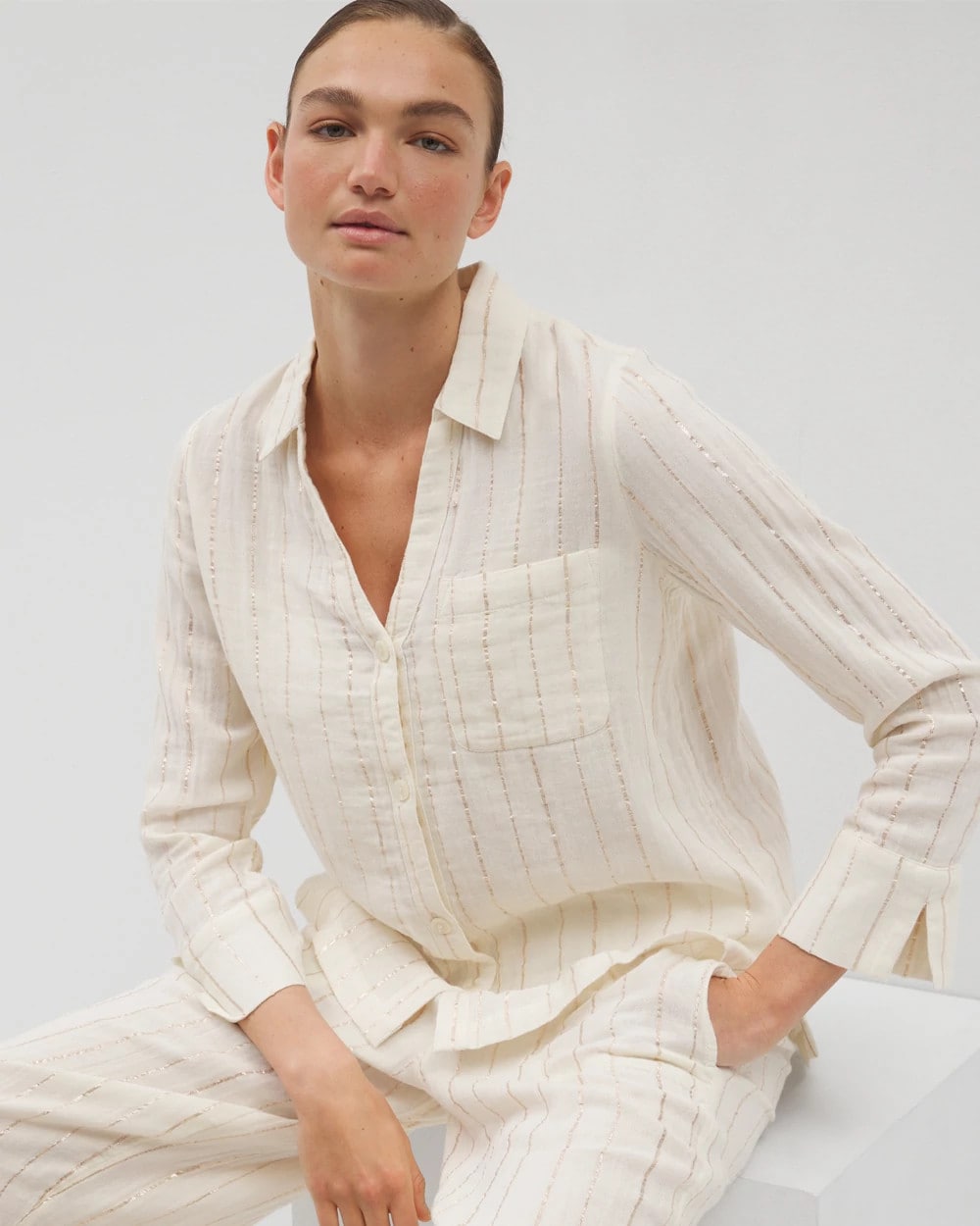 Soma / Cotton Gauze Long Sleeve Notch Collar Pajama Top CHAMPAGNE STRIPE