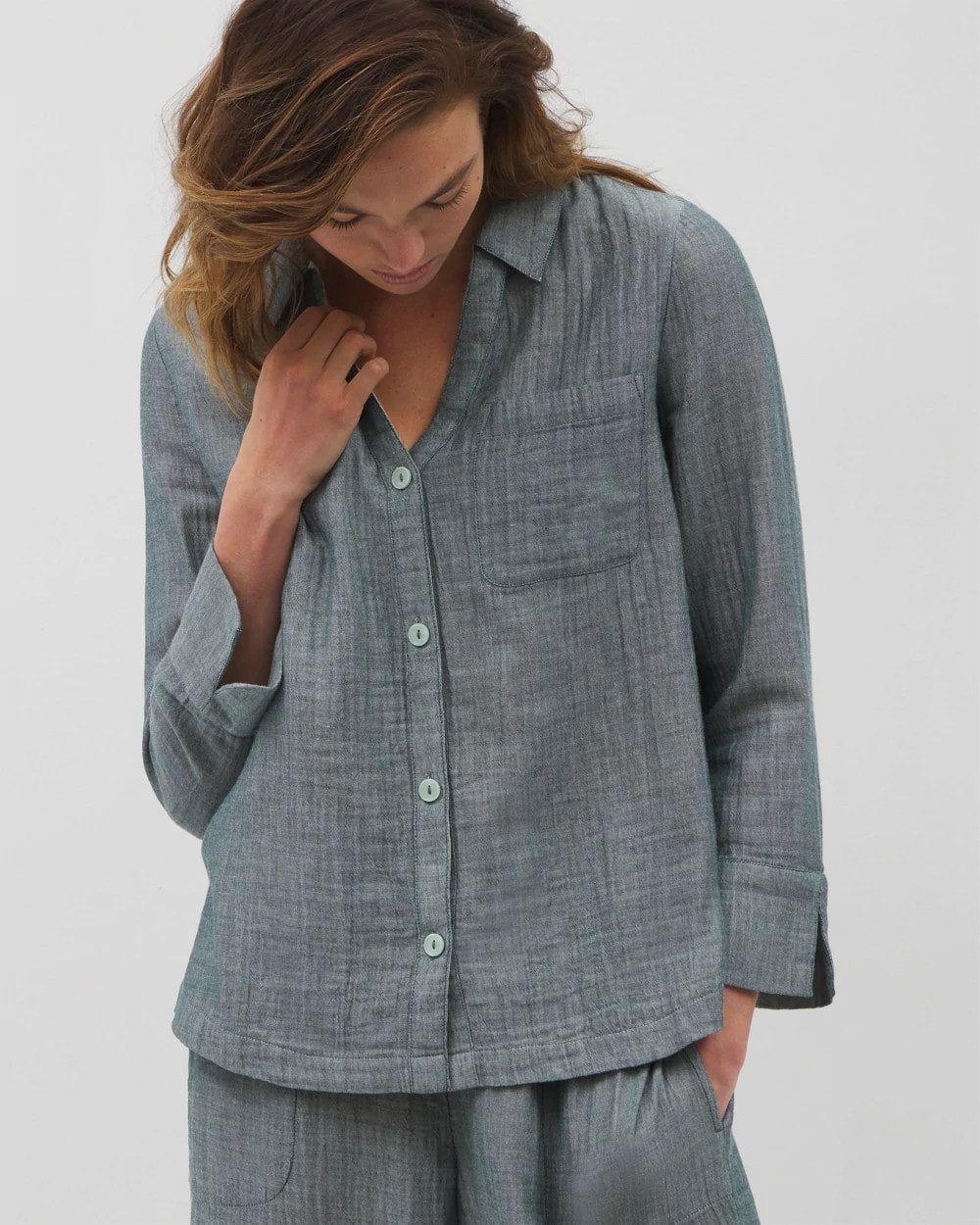 Soma / Cotton Gauze Long Sleeve Notch Collar Pajama Top DARK SEA CROSSDYE