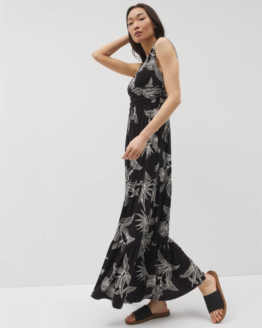 Soma / Goddess Tiered Maxi Dress PLUMERIA BLOOMS GRAND BLK