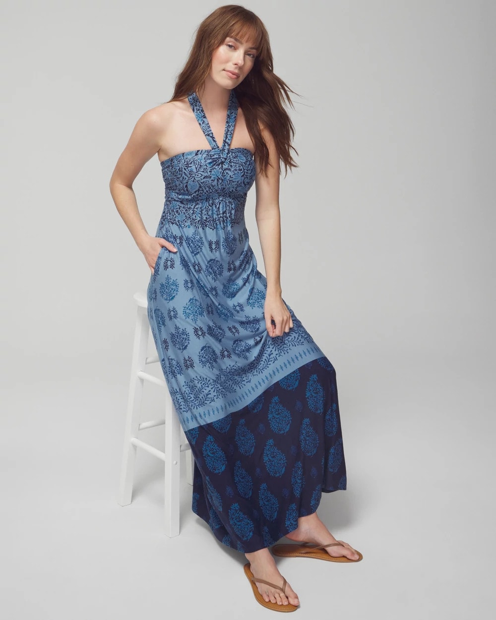 Soma / Halter Maxi Bra Dress BELLA STAMP BORDER BLUE