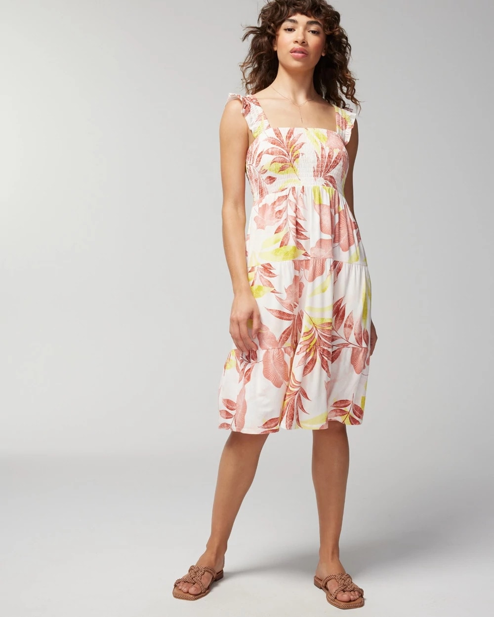 Soma / Smocked Flutter Sleeve Mini Bra Dress ENCHANTED PALMS KEY LIME