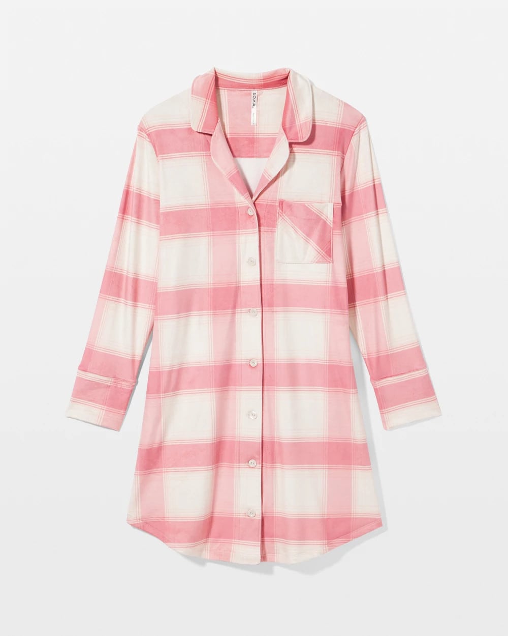 Soma / Long-Sleeve Notch Collar Sleepshirt FROSTED PLAID PINK