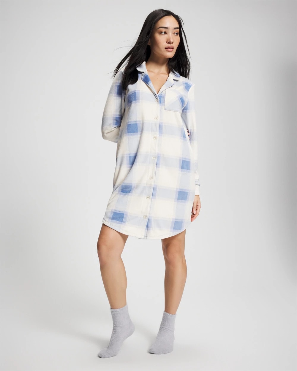 Soma / Long-Sleeve Notch Collar Sleepshirt FROSTED PLAID BLUE