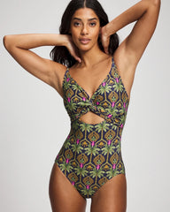 Soma / Twist-Front Keyhole One Piece PALMY PATTERNS NAVY