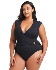 Soma / Pique Ole Cap Sleeve Surplice One Piece BLACK
