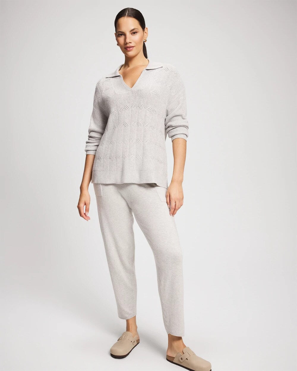 Soma / Premier Knit Cable Knit Collared Sweater HEATHER STONE