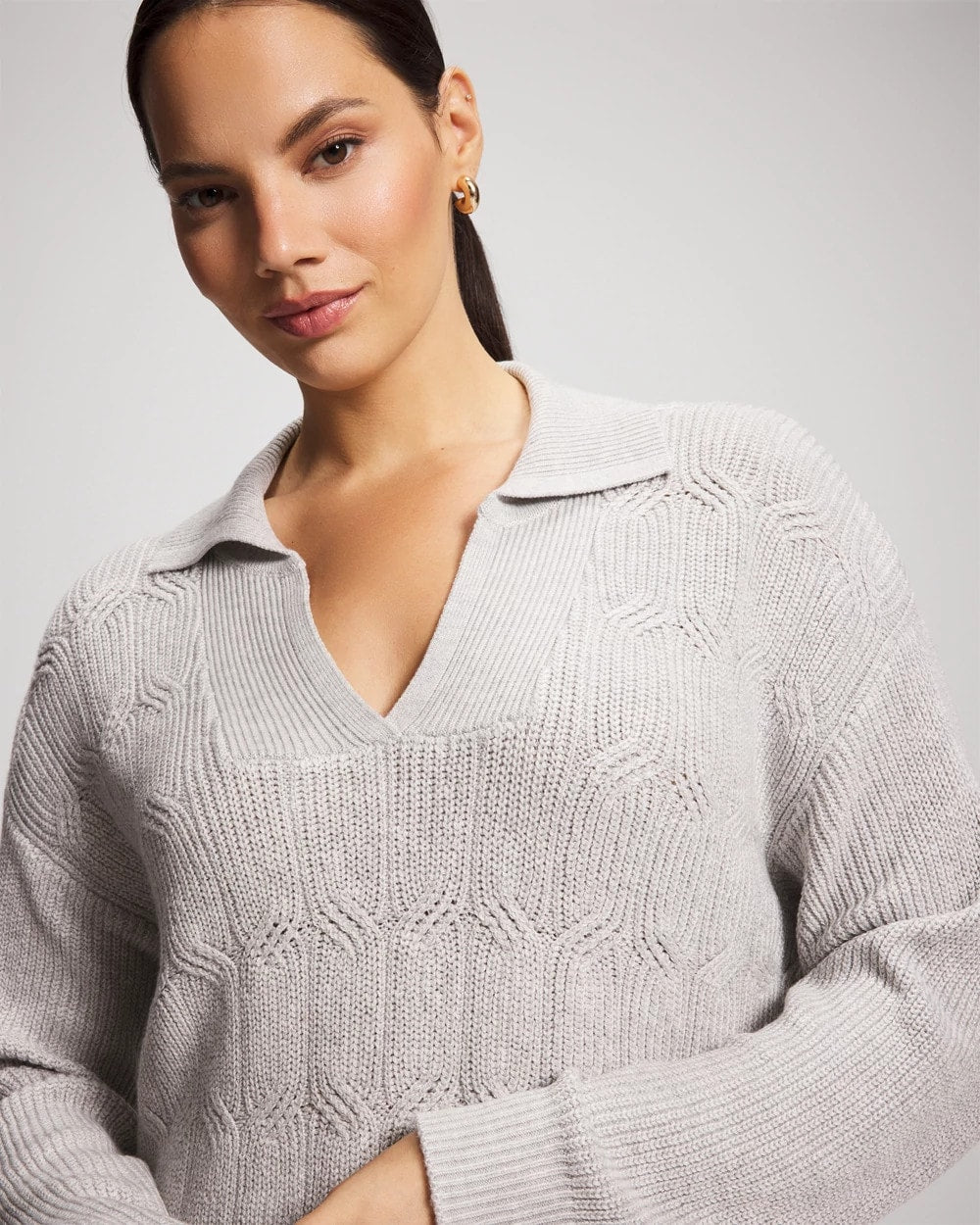 Soma / Premier Knit Cable Knit Collared Sweater HEATHER STONE