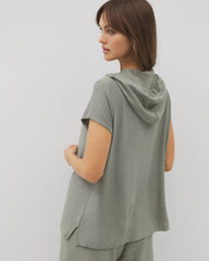 Soma / Crinkle Knit Short Sleeve V-Neck Hoodie RESTORATION GREEN