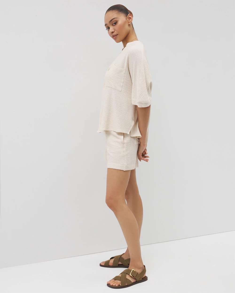 Soma / Crinkle Knit Relaxed Button-Up Top PARCHMENT