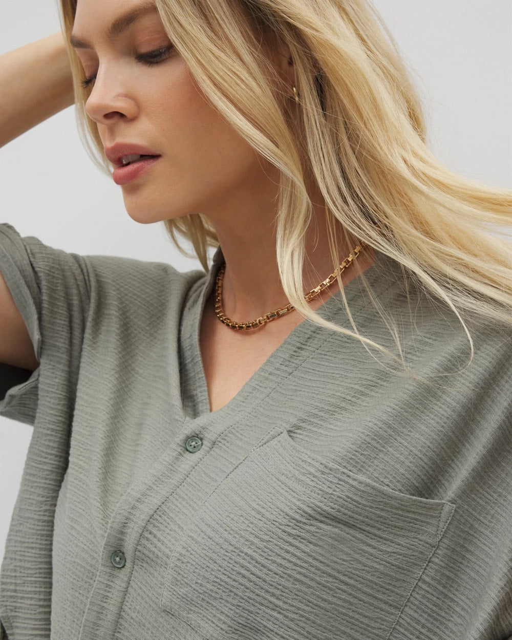 Soma / Crinkle Knit Relaxed Button-Up Top RESTORATION GREEN