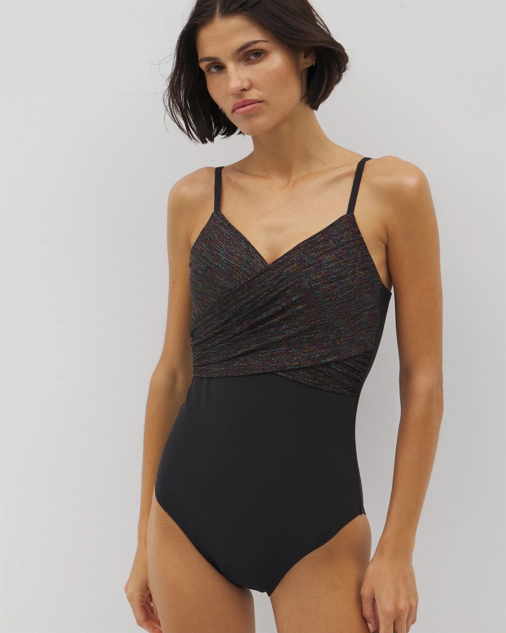 Soma / Beyond Control Bright Lurex Draped Over the Shoulder One-Piece BLACK MULTI