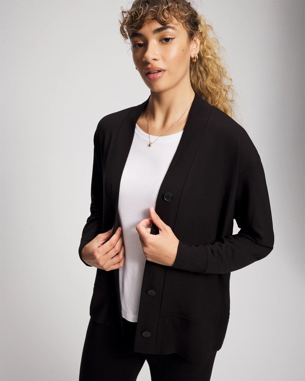 Soma / Ultrasoft Fleece Relaxed Button Up Cardigan BLACK