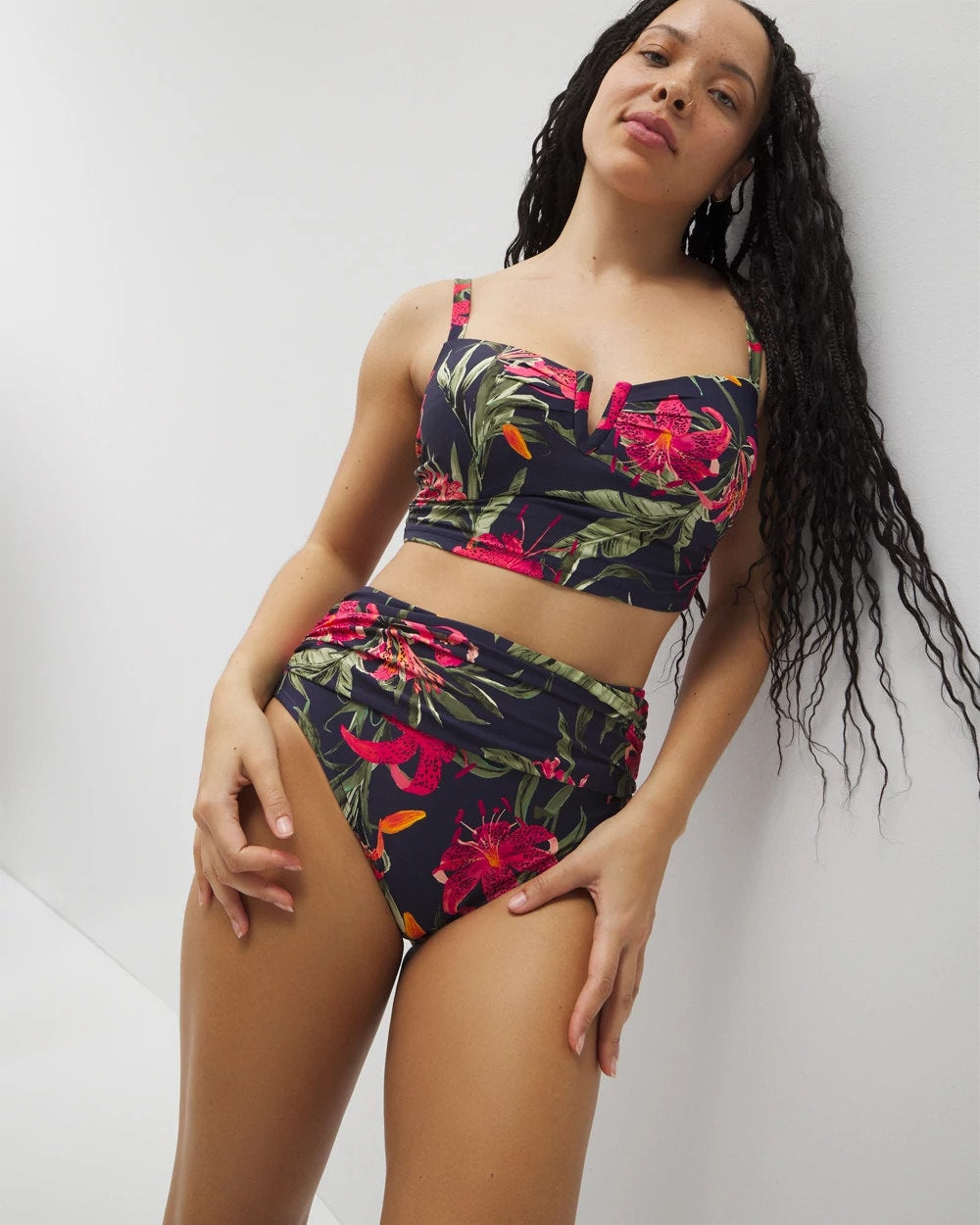 Soma / Soma Swim Ruched High-Waist Bikini Bottom LE TIGRE TROPICAL NAVY