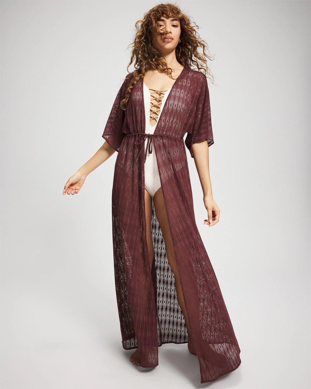 Soma / Sunkissed Crochet Open-Front Caftan COFFEE